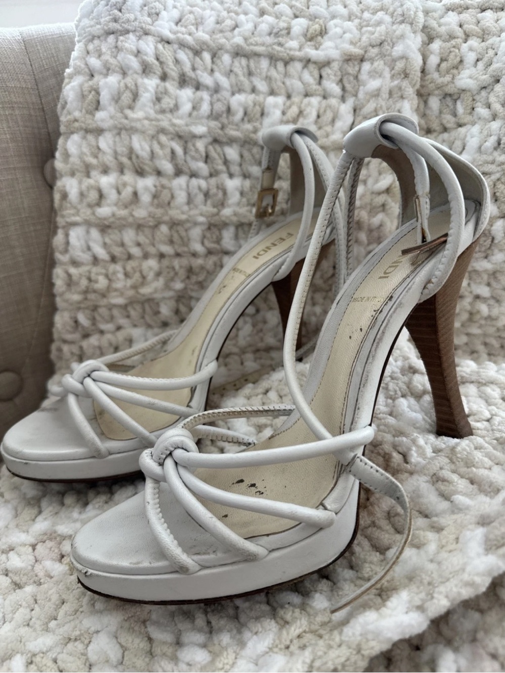 Fendi Cream White Strappy Heel Sandal Summer 37.5 Women